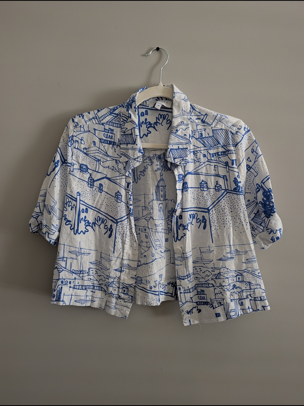 Calypso St. Barth White Button-Down Shirt with Blue Scenic Print